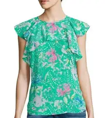 I Heart Ronson Flutter-Sleeve Top Green‎ Peony Spring Blouse S