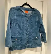 Hearts of Palm 3/4 Sleeve Rhinestone Crew Neck Denim Jacket Hook Loop Size 6
