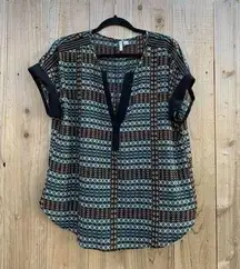 Cato Womens Top Large Brown Geometric Print Short Sleeve Blouse V Neck Boho