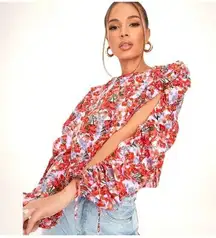 Missguided Floral Top Open Balloon Long Sleeve Purple Multi Size 4