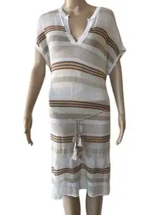 NWD Chicos Tan & White Loose Knit Pullover Tassel Tie Swim Suit Coverup US Large