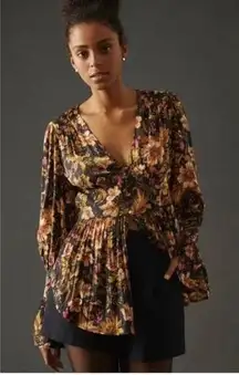 Anthropologie FLAW  Deep V Neck Satin Floral Long Bell Sleeves Tunic Top Size XXS