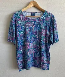 VINTAGE Jantzen 90s Geometric Blue Purple Floral T-Shirt Top Womens