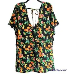 Black Citrus Print Pom Pom Trim Coverup Size Large