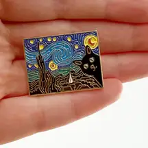 Starry Night Black Cat Soft Enamel Pin, Starry Night Vincent Van Gogh Pin