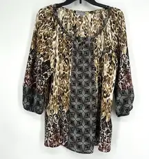 Figueroa & Flower Leopard Print Boho Top Mixed Pattern Studded Balloon Sleeve L