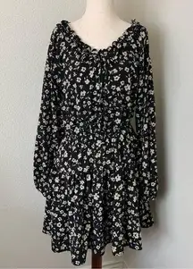 Oddi Black Floral Printed Balloon SLeeve Elastic Waist Dress Size Small