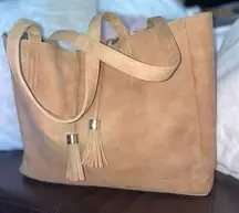 LARGE VEGAN DISTRESSED LOOK LEATHER TOTE WITH TASSELS IN LIGHT BROWN