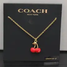 New Coach Cherry Charm Pendant Necklace; Gold/Red. With Tag, Card and Polybag