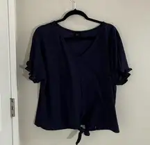 W5 Navy Blue Eyelet Flutter Sleeve Blouse with Tie Front