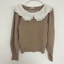 Lush Lace Peter Pan Collar Light Brown Knit Sweater