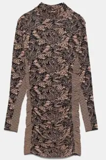 ZARA  Jacquard Draped Dress Long Sleeve Mini Size Small NWT Brown Knit High Neck