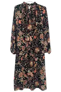 Black Allover floral Print Long Sleeve Midi Length Dress