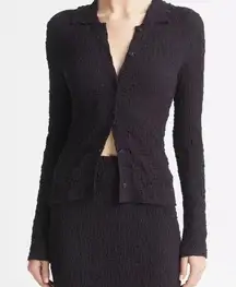 Vince Long Sleeve Button Front Smocked Shirt Women Large Black Crinkle Modern