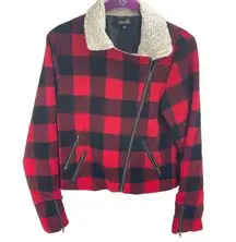 Dee Elle Vintage Red Buffalo Plaid Sherpa moto Jacket angle zip Medium