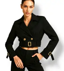 Women Cropped Black Trench Coat Belted Double Breasted S Model Off Duty Grunge