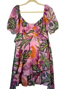Tropical Pink Dress with Puff Sleeves