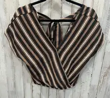 Xhilaration Sexy Vneck Womens Cropped Short Sleeve Y2K Brown Striped Tie Back S
