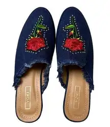 YOKI Mules Willas-71 Women Dark Denim Frayed Rose Embroidered Shoes Size 8 NWT