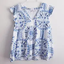 Vineyard Vines Sea Shell Medallion V-Neckline Cap Sleeve Blouse