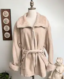 Vintage 1980s Wool Belted Zip Up  Cream Jacket with Faux Fur Collar & Cuffs XL