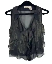 DKNY Black Gold Sheer Ruffled V-Neck Glitz Glam Lightweight Tank Blouse Size S