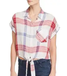 Rails Amelie Linen Plaid Tie Front Crop Button Down Top Red White Blue Size XS