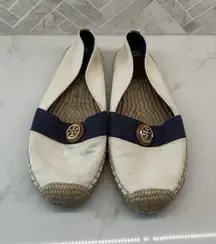 Tory Burch‎ Espadrille Flats Ivory Newport Navy Embellished Canvas Womens Size 8