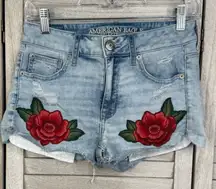 AMERICAN EAGLE Super Stretch Hi Rise Shortie Jean Shorts w Embroidered Roses-4