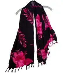 Hibiscus Collection Hawaii Black Pink Floral Rayon Tassel Scarf