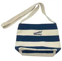 Cream & Navy Blue Striped Canvas Crossbody Bag Purse Snap Button Nautical