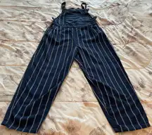 Pinstriped Navy Blue & White Linen Blend Cropped Jumpsuit, size XS