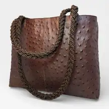 Falor Le Borse Genuine Leather Ostrich Brown Bag Braided Strap Made in Italy