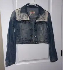 Women’s Cropped Hot Kiss Blue Denim Jacket with Cream Lace Size: S