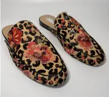 INC Women's Leopard Floral Embroidered Flats Real Calf Hair Mules Shoes 10.5