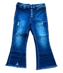 KanCan Flared Jeans Women’s 31 Button Front Distressed Raw Hem Dark Wash