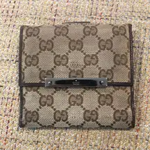 GUCCI GG Trifold Canvas Jacquard Wallet Brown Leather Coin Purse Credit Cards