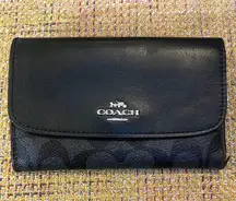 COACH Black Calfskin & Black Grey Signature Logo Trifold Wallet