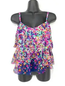 Kenneth Cole Reaction Women's Sz S Floral Print Mesh Ruffle Swim Top Multicolor