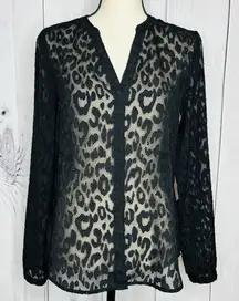 Ann Taylor Black Long Sleeve Sheer Lace V-Neck Button Down Blouse Top Sz S
