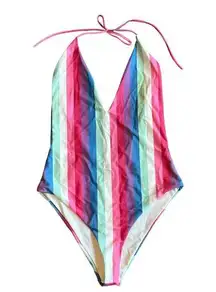 Privacy Please One Piece Halter Top Swimsuit Bold Stripe Size Medium Women's