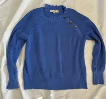 LOFT Blue Crew Neck Knit Sweater with Button Accents Ruffles Medium