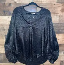 Women’s shiny leopard long balloon sleeve blouse