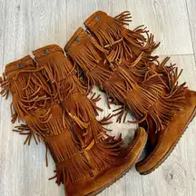 Minnetonka Tan Fringe Lace Up Boots