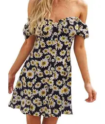 Seven Wonders Daisy Puff Sleeve Off-Shoulder Mini Dress Black White Size XS NWT