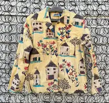 Y2K Chico's Canvas Yellow Embroidered Cottage Tree Flower Jacket Blazer Size 0