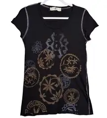 Coin 1804 Fitted Y2K Black and Brown Graphic Exposed Hem Short Sleeve Top Size M