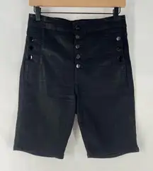 J Brand Natasha‎ Stretch Coated Black Denim Button Fly High Rise Bermuda Shorts
