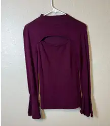 Jennifer Lopez Womens XS Top Plum Ribbed Knit Mock Neck Cut Out Flared Sleeve