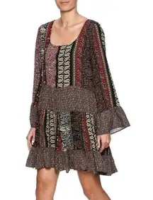 Easel Paisley Babydoll Tiered Ruffle Long Sleeve Bohemian Tunic Dress Small